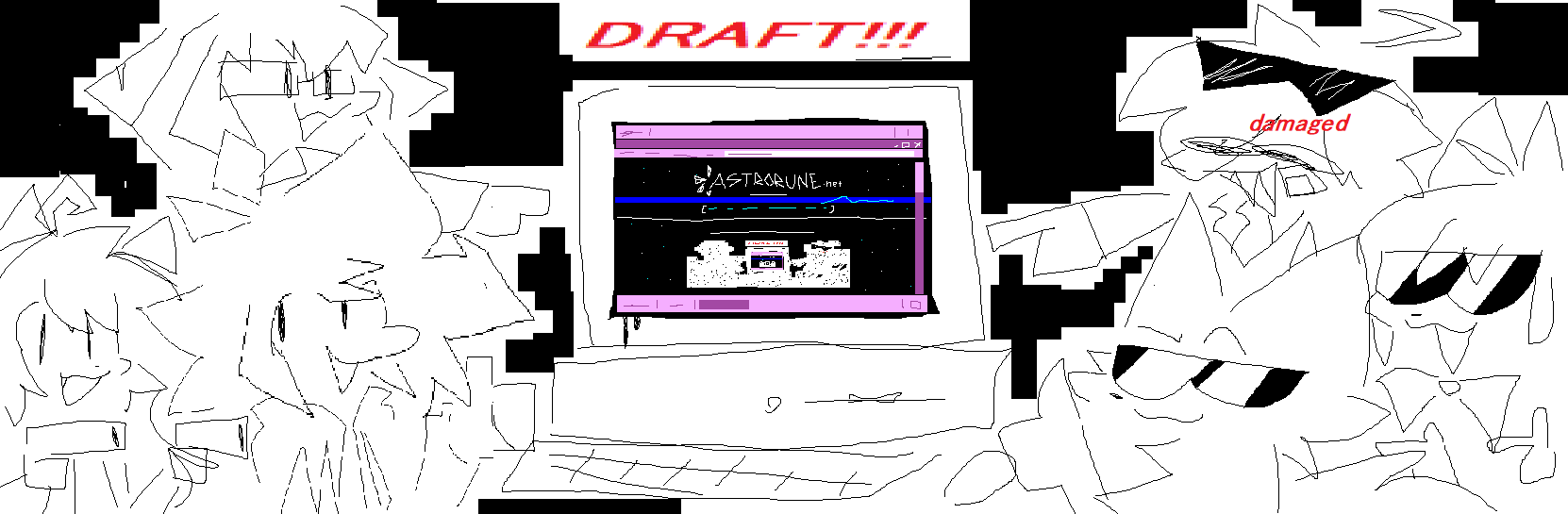 characters from astrorune neon with a navaos based computer showing the official aastrorune website